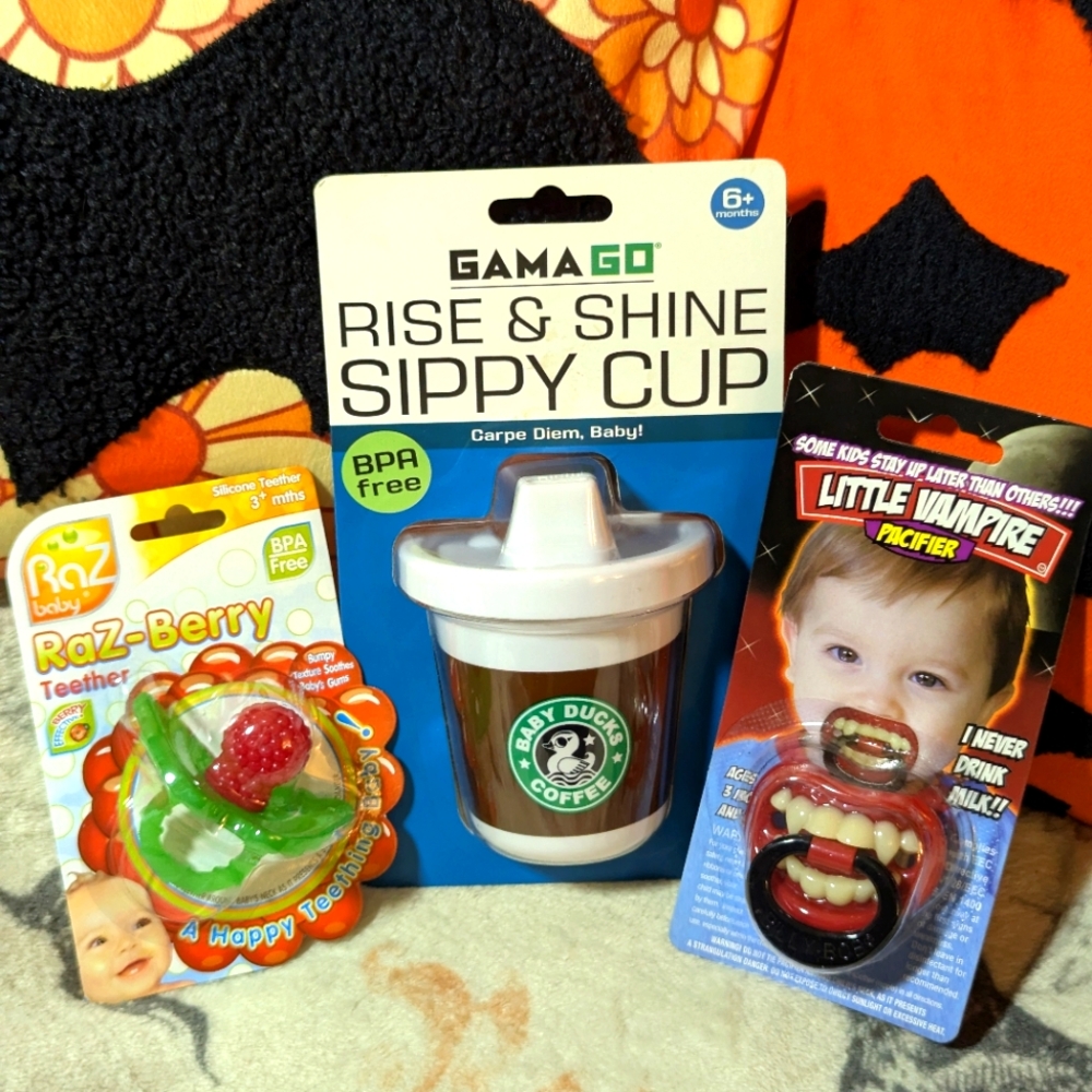 Gama Go Rise & Shine Sippy Cup, Vampire Pacifier And Raspberry Pacifier Bundle
